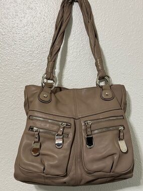 b. makowsky Taupe Braided-Handle Shoulder Bag